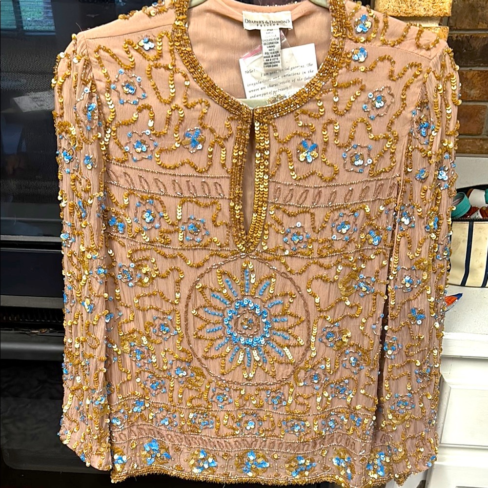 Dealers & Damon’s tan,pink,blue Beaded Silk Evening Wear,Petite Medium